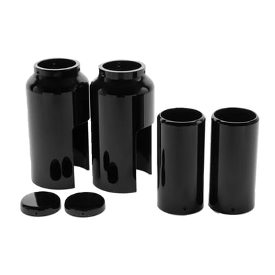 The new "Tomahawk" Series Indian Scout Full Fork Cover set is made of CNC billet aluminum and gives your Indian Scout that Fat fork looks that you always wanted. Made to fit original and any aftermarket front fenders. Super gloss black powder coated, excellent for your aggressive and custom Indian Scout look. With original turn signals.