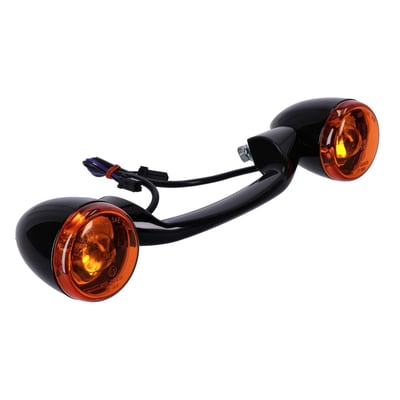 Black. Without license plate bracket. 
Replaces the stock turn signal bar and allows the license plate to be mounted below the taillight, to emphasize the low-down look of your bagger. The extra narrow turn signal bar has built-in license plate illumination, a special trim will cover the mounting holes of the stock license plate mounting holes for the finishing touch. Incl. turn signal bar, amber turn signals but does not include the license plate holder. 
OEM replacement reference 53702-04A. 
Note: 99-E03 models will require the separate purchase of MCS 514106 taillight socket. 
Note: See 501122 for Bullet turn signal bar with license plate bracket. 