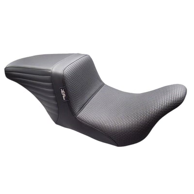 12.5" rider seat width. With Basket Weave stitch pattern. 
The 'Up-Front' Kickflip moves the rider 2-1/2" closer to the handlebars, when compared with the standard riding position. A definite advantage for shorter riders. The KickFlip features a fast and aggressive profile and stance. The 7" high arching back support will provide a secure in-bike feel for extreme riding, combined with excellent back support on long stretches. Built with LePera’s high density Marathon Foam on a black powder coated 16-gauge steel base plate for maximum stability and comfort. Handcrafted with an iconic attention to detail. 
Note: Seat width given in inches.