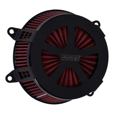 High flow air cleaner kit, reminiscent of the mag wheels as used in the muscle car era. The Radiant V Air Intake adds the classic performance look to your V-Twin cruiser and offers power to match, especially in combination with a free flowing exhaust system. The five-star cut seamlessly wraps around the latest Vance & Hines high flow washable air filter, the special patent pending Force™ velocity stack is used to maximize performance gains. Complete with installation hardware and instructions. 
- Improved performance over stock 
- Laser cut black ceramic stainless steel cover with a pressed-in Vance & Hines logo 
- Patent pending Force™ velocity stack for maximum flow 
- Easy installation 
- High flow oiled washable air filter element