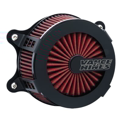 Full matte black finish. 
The Vance & Hines VO2 air cleaner delivers. Improved engine performance with that all important touch of class and style. With large inlet backing plate and billet venturi entrance for smooth air flow. CNC machined billet cover with riveted badge or machined-in badge with the Vance & Hines logo. All include a K&N Xstream high-flow and washable air filter element to insure your bike will never run out of breath.