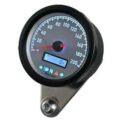 Analog speedometer with a white 200 kmh / mph which that includes integrated indicators lights for turn signal left, turn signal right, neutral, high beam, warning and an LCD screen for the digital tachometer, odometer, double trip counter and shift light.
- White face
- White LED backlight
- Black stainless steel housing
- Stepping motor driven speedometer for accurate speed display
- Up to 200 kmh or 200 mph
- Integrated indicators for turn signal left, turn signal right, neutral, high beam and warning
- Programmable shift-up warning by Red LCD windows
- Digital tachometer up to 20.000 RPM
- ODO: 0-99.999 km/miles
- Double trip counter: 0-99.999 km/miles
- V-shaped bracket included
- DC-power: 0-18V (normal 12V)
- E-marked, ECE approved, ABE approved
- Dimensions: 60mm diameter x 42.5mm deep
Note: If the bike has a standard electronic signal for speed, this speedometer can be connected to this original electronic impulse. If not you can use an active sensor, like Daytona's 900404.