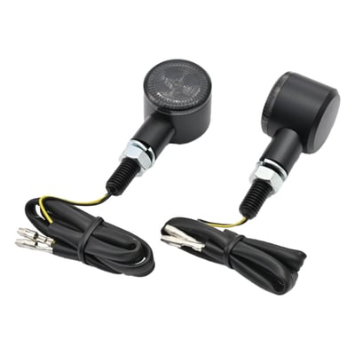 LED lighted with a black painted zinc alloy body. 
The M8 threaded mount bolt with nut allows virtually endless installation applications. 
ECE approved for front & rear use. 
Dimensions: Lens diameter 28mm x housing depth 15mm x 21mm install height x 45mm overall length.