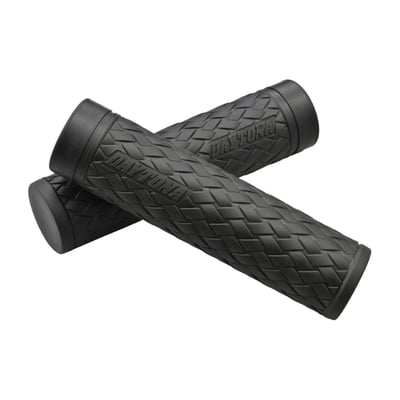 127mm (5") long. With the 'KNIT' grip surface styling. 
Handlebar grips for handlebars with a 1" (25.4mm) grip area diameter. The throttle grip diameter is larger to accommodate the throttle sleeve. Both left & right grips come with closed ends. Grips are made of a dual compound rubber, harder on the inside with a softer 'Grippy' outer layer for a better slip-free grip, without becoming tacky. 
Note: 08-up H-D models with electronic throttle will likely require a replacement throttle sleeve, like 514714 for most models, since the OEM rubber grip is a molded one-piece with the throttle sleeve and they cannot be separated. 