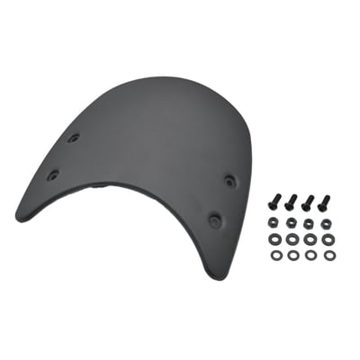 Small windshield / fairing / fairing mask, made of black anodized aluminum. Non-transparent. Universal above headlamp mount. Helps reduce wind pressure and an improves the riding experience, especially on high speed sections. Does not include mounting brackets.
Dimensions: 218mm wide x 220mm high with pre-drilled mounting holes. See technical drawing for more dimensions.
