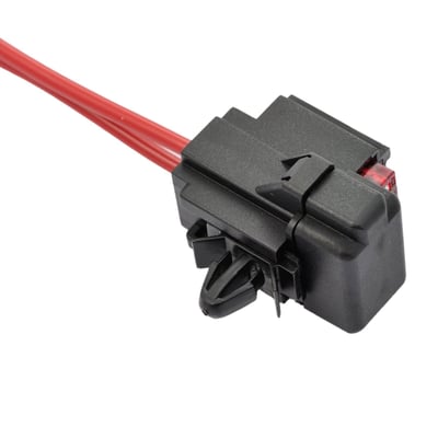 Mini fuse holder set with included 10 Ampere mini fuse. A reserve 10A mini fuse is included in this innovative holder. Can be used as solo fuse holder but, by using the built-in rail, multiple of these fuse holder housings can be connected to each other to form a multiple housing block. Complete with connector to install the holder housing to a mounting hole. 
- Housing size: 24mm wide x 30mm high x 24mm deep 
- Wire diameter: 1.25mm 