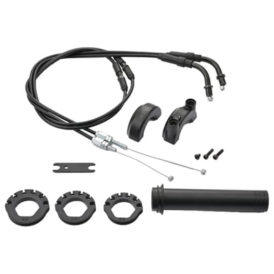 Universal throttle assembly, with throttle & idle cable, for use on most motorcycles with a 22.2mm diameter handlebar.
- For 7/8" (22.2mm) handlebar
- Cast aluminum housing
- Inner tube 125mm, cut lines at 110/115/120mm
- 3 size reels, dia. 36/40/44mm
- 900mm throttle cable set, open & close