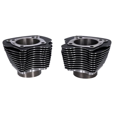 Black with highlighted fins. This is a quality 4.25" bolt-on big bore cylinder kit for 107" M8 models with stock 3.937" bore x 4.375" stroke. Kit can be used with a 4.25" Wiseco big bore piston & ring kit. Cylinders include dowel pins and are marked for correct front/rear installation. Capacity will increase from stock 107" (106.52" / 1746cc) to a hefty 124" (124.13 / 2034cc) but still installs without crankcase machining. Flywheel re-balancing is not required. Compression ratio is 1:11 and is compatible with the stock camshaft. Includes installation instructions. 
Note: Order 576555 Wiseco 4.25" bore conversion piston & ring kit & 576556 Wiseco gasket kit separately.
