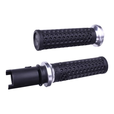 - Specifically designed for 1" handlebars (at the grips) 
- Reinforced Waffle Pattern on top provides palm pad for extra comfort 
- Classic Waffle Pattern on bottom delivers excellent finger traction 
- Clutch Side Billet Alloy Lock-On™ Clamp delivers 100% slip-free security 
- T15 Torx bolts provide extra secure clamping for solid, twist-free mounting 
- Eliminates the need for grip glue or safety set-screws 
- Provides simple installation and removal 
- Complete with throttle sleeve to ease installation 
- Proprietary Medium-Compound durometer hardness improves overall comfort and durability  
- Made in the U.S.A