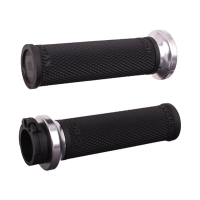 - Moto inspired grip designed for performance V-Twin 
- Legendary RUFFIAN Full-Knurl Diamond Pattern 
- Thin Profile delivers amazing control, feedback and traction! 
- Proprietary Medium-Compound durometer improves overall comfort and durability 
- In-molded throttle tube with integrated application specific throttle actuation 
- Billet aluminum Lock-On™ style clutch-side clamp provides simple installation and removal 
- T15 Torx bolts provide extra secure clamping for solid, twist-free mounting 
- Eliminates the need for grip glue or safety set-screws 
- Provides simple installation and removal 
- Slim 33mm diameter 