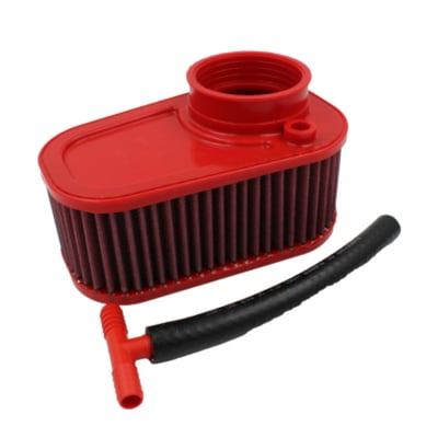 Larghezza/Diametro Esterno Base (mm)	
122
Lunghezza/Diametro Interno Base (mm)	
200
Altezza (mm)	
105. 
The panel / cylindrical air filter is commonly referred to as "replacement air filter". It is installed in the vehicle's original airbox to replace the OEM air filter. It is made of highly performing materials that allow an increased air flow combined with a more efficient filtration, guaranteeing containment of all impurities from as small as 7 microns (compared to OEM's 10 microns).
BMC air filters are produced using a "Full Molding" system that enables the characteristic red filter to be realized from a single mold with no welded joints thus avoiding easy breakage. The rubber used in BMC air filtering systems has a long life, is very durable and has optimum adhesion characteristics to all shapes of airboxes.
BMC filters are made of a multi-layered cotton gauze soaked with low viscosity oil covered with an epoxy coated alloy mesh to ensure protection from petrol fumes and oxidization due to air humidity.
All BMC air filters are pre-oiled, and they can be washed and regenerated by using the appropriate BMC regeneration kit.