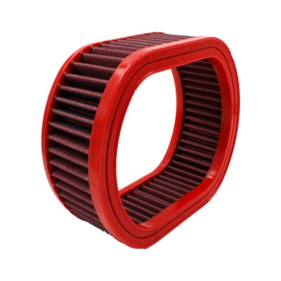Larghezza/Diametro Interno Base (mm)	
178
Lunghezza/Diametro Esterno Base (mm)	
209
Altezza (mm)	
78. 
The panel / cylindrical air filter is commonly referred to as "replacement air filter". It is installed in the vehicle's original airbox to replace the OEM air filter. It is made of highly performing materials that allow an increased air flow combined with a more efficient filtration, guaranteeing containment of all impurities from as small as 7 microns (compared to OEM's 10 microns).
BMC air filters are produced using a "Full Molding" system that enables the characteristic red filter to be realized from a single mold with no welded joints thus avoiding easy breakage. The rubber used in BMC air filtering systems has a long life, is very durable and has optimum adhesion characteristics to all shapes of airboxes.
BMC filters are made of a multi-layered cotton gauze soaked with low viscosity oil covered with an epoxy coated alloy mesh to ensure protection from petrol fumes and oxidization due to air humidity.
All BMC air filters are pre-oiled, and they can be washed and regenerated by using the appropriate BMC regeneration kit.