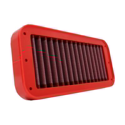 Larghezza/Diametro Interno Base (mm)	
98
Lunghezza/Diametro Esterno Base (mm)	
220. 
The panel / cylindrical air filter is commonly referred to as "replacement air filter". It is installed in the vehicle's original airbox to replace the OEM air filter. It is made of highly performing materials that allow an increased air flow combined with a more efficient filtration, guaranteeing containment of all impurities from as small as 7 microns (compared to OEM's 10 microns).
BMC air filters are produced using a "Full Molding" system that enables the characteristic red filter to be realized from a single mold with no welded joints thus avoiding easy breakage. The rubber used in BMC air filtering systems has a long life, is very durable and has optimum adhesion characteristics to all shapes of airboxes.
BMC filters are made of a multi-layered cotton gauze soaked with low viscosity oil covered with an epoxy coated alloy mesh to ensure protection from petrol fumes and oxidization due to air humidity.
All BMC air filters are pre-oiled, and they can be washed and regenerated by using the appropriate BMC regeneration kit.