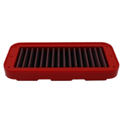 Larghezza/Diametro Interno Base (mm)	
91
Lunghezza/Diametro Esterno Base (mm)	
129
Altezza (mm)	
47. 
The panel / cylindrical air filter is commonly referred to as "replacement air filter". It is installed in the vehicle's original airbox to replace the OEM air filter. It is made of highly performing materials that allow an increased air flow combined with a more efficient filtration, guaranteeing containment of all impurities from as small as 7 microns (compared to OEM's 10 microns).
BMC air filters are produced using a "Full Molding" system that enables the characteristic red filter to be realized from a single mold with no welded joints thus avoiding easy breakage. The rubber used in BMC air filtering systems has a long life, is very durable and has optimum adhesion characteristics to all shapes of airboxes.
BMC filters are made of a multi-layered cotton gauze soaked with low viscosity oil covered with an epoxy coated alloy mesh to ensure protection from petrol fumes and oxidization due to air humidity.
All BMC air filters are pre-oiled, and they can be washed and regenerated by using the appropriate BMC regeneration kit.