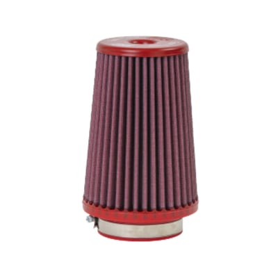 Numero Flange	
1
Lunghezza Flangia (mm)	
25
Diametro Interno Flangia Ø1 (mm)	
70
Diametro Esterno Base Ø2 (mm)	
108
Altezza - H2 (mm)	
179
Altezza - H1 (mm)	
154
Diametro Esterno Top Ø3 (mm)	
84
Materiale Top/Finitura	
Metal. 
The panel / cylindrical air filter is commonly referred to as "replacement air filter". It is installed in the vehicle's original airbox to replace the OEM air filter. It is made of highly performing materials that allow an increased air flow combined with a more efficient filtration, guaranteeing containment of all impurities from as small as 7 microns (compared to OEM's 10 microns).
BMC air filters are produced using a "Full Molding" system that enables the characteristic red filter to be realized from a single mold with no welded joints thus avoiding easy breakage. The rubber used in BMC air filtering systems has a long life, is very durable and has optimum adhesion characteristics to all shapes of airboxes.
BMC filters are made of a multi-layered cotton gauze soaked with low viscosity oil covered with an epoxy coated alloy mesh to ensure protection from petrol fumes and oxidization due to air humidity.
All BMC air filters are pre-oiled, and they can be washed and regenerated by using the appropriate BMC regeneration kit.