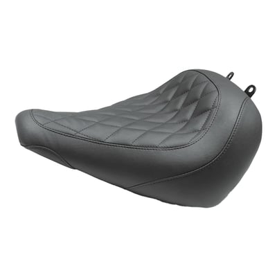 Black. 12.5" / 32cm wide. Standard style stitch. This seat makes the rider sit a little bit lower, but at a similar reach to the controls compared to stock. Features extra width in the hip area for all-day comfort and a highly durable synthetic glove-leather cover with detailed stitching. built-in receiver that accepts a fully adjustable and easily removable driver backrest for total lumbar support. The optional available matching passenger seat offers comfortable 2-up cruising with its spacious 10.5" width. Detailed stitching in the highly durable synthetic glove-leather cover. 

Note 1: Mustang solo seats & passenger seats cannot be mixed with OEM solo or passenger seats. 
Note 2: See 709307 for optional passenger seat.