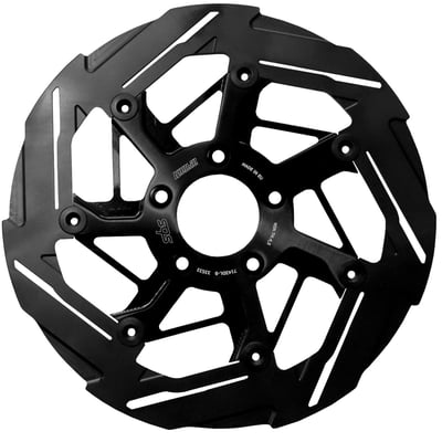 Stainless steel with black carrier and black nitrided disc. 
11.8" / 300mm OD., 56.3mm I.D., 8.5mm (5/16") counterbored mounting holes with 3.25" bolt circle hole. 5mm thick.  
Fits OEM or accessory cast & laced wheels with 3.25" bolt circle mount holes. Mount style 'B'. Repl. 46717-10, 41500088, 41500068. 
Designed by Master Designer Kodlin, produced by Brake Specialist SBS. It is just logical that when combining specialists in their respective fields you get the best of both worlds, and that is exactly what happened. Made of a high quality stainless steel, alloyed with a high carbon content, to offer excellent brake performance and reliable stopping power in any condition. 
Note: Only the friction area of the black nitrided outer stainless disc will wear away quickly, leaving the rest of the disc black. 