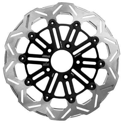 Stainless steel with black carrier and a clear disc. 
11.8" / 300mm OD., 56.3mm I.D., 8.5mm (5/16") counterbored mounting holes with 3.25" bolt circle hole. 5mm thick.  
Fits OEM or accessory cast & laced wheels with 3.25" bolt circle mount holes. Mount style 'B'. Repl. 46717-10, 41500088, 41500068. 
Designed by Master Designer Kodlin, produced by Brake Specialist SBS. It is just logical that when combining specialists in their respective fields you get the best of both worlds, and that is exactly what happened. Made of a high quality stainless steel, alloyed with a high carbon content, to offer excellent brake performance and reliable stopping power in any condition. 
