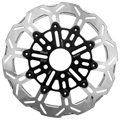 Stainless steel with black carrier and a clear disc. 
11.5" / 292mm O.D, 56.3mm I.D., 10.5mm (3/8") counterbored mounting holes. Mount style 'B'. Repl. 41797-00. 
Designed by Master Designer Kodlin, produced by Brake Specialist SBS. It is just logical that when combining specialists in their respective fields you get the best of both worlds, and that is exactly what happened. Made of a high quality stainless steel, alloyed with a high carbon content, to offer excellent brake performance and reliable stopping power in any condition. 
Note: Fitment on OEM FXSTD wheel requires 43837-00 brake rotor spacer plate.