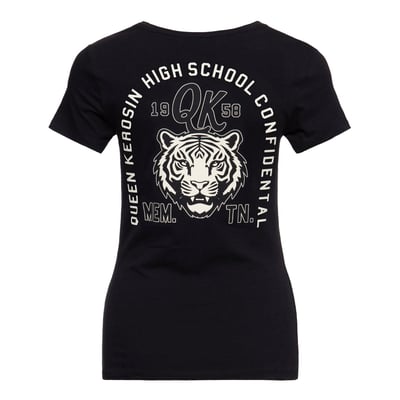 School uniforms are a thing of the past but here comes your stylish high school throwback in Queen Kerosin style! The back print with a striking tiger head, "QK 1958," and "High School Confidential" lettering catapults you straight to Memphis, Tennessee with plenty of vintage attitude. A subtle Queen Kerosin logo on the chest provides the perfect branding. The figure-hugging slim fit and stretchy cotton blend make this shirt a daily favorite with a retro touch, no dress code required!