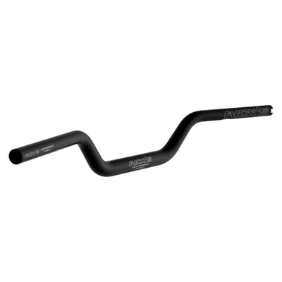 - Width: 812mm (32") with installed E-throttle module
- Height: 82 mm (3.2") 
- Pullback: 89 mm (3.5"). 
Black hard anodized 6061 T6 aluminum. Riser clamping area 1-1/4" (32mm), conically reduced to 1" (25.4mm) at the handlebar ends. Handlebar has 3.6mm wall thickness at riser clamp area for unmatched strength. Complete with lasered Rick's logo. 
- Weight 600 gram 
- Design based on OEM 55800858 bar 
- Compatible with H-D's heated grips 
- Aggressive Clubstyle moto bar look 
- Drilled for internal wiring. 
Note: With approval. Check your local MCS dealer or the MCS sales department for exact type of approval and validity on bike model and years on the test report.
