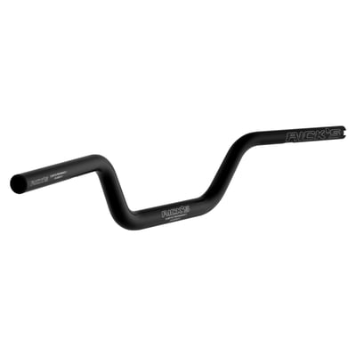 - Width: 832 mm (32.75") with installed E-throttle module
- Height: 112 mm (4.35") 
- Pullback: 96 mm (3.8") 
Black hard anodized 6061 T6 aluminum. Riser clamping area 1-1/4" (32mm), conically reduced to 1" (25.4mm) at the handlebar ends. Handlebar has 3.6mm wall thickness at riser clamp area for unmatched strength. Complete with lasered Rick's logo. 
- Weight 600 gram 
- Design based on OEM 55800858 bar 
- Compatible with H-D's heated grips 
- Aggressive Clubstyle moto bar look 
- Drilled for internal wiring. 
Note: With approval. Check your local MCS dealer or the MCS sales department for exact type of approval and validity on bike model and years on the test report.