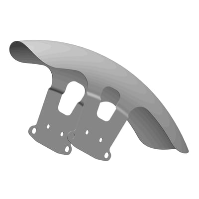 For 21" wheel with 130/60-21" or 120/70-21" tires. 
Front steel custom fender for Fat Boy models. Radius is designed for a tight fit over the wheel. Made of 2mm thick unpainted steel that is 3D laser cut steel for a precision fit. Offers excellent torque resistance. Includes laser-cut mounting holes for a bolt-on installation. 
Note: Requires additional purchase of 709628 spacer kit