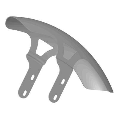 Length 410mm. Front steel custom fender for Breakout models for 130/60-23" tire conversion. Radius is designed for a tight fit over the tire for a clean look. Made of 2mm thick unpainted steel that is 3D laser cut for a precision fit. Offers excellent torque resistance. Includes laser-cut mounting holes and installation hardware for a bolt-on installation. 