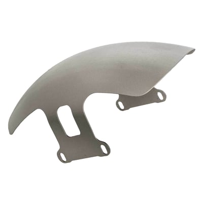 Short, 350mm length. 
Front steel custom fender for models with 130/60-18" tires. The radius is designed for a tight fit over the tire for a clean look. Made of 2.5mm thick unpainted steel that is 3D laser cut for a precision fit. Offers excellent torque resistance. Includes laser-cut mounting holes for a bolt-on installation.