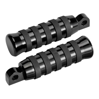 Black anodized. Rick's Motorcycles O-ring style foot pegs are an OEM replacement and fit the stock mounting location. Made from CNC machined aluminum with embedded rubber O-rings for optimized grip on the pegs.