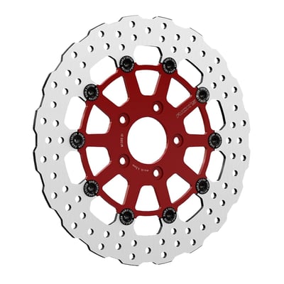 13" / 330mm diameter. Floating. Red powder coated carrier. 
56.3mm I.D., 8.7mm (5/16") counterbored mounting holes. 3.25" bolt circle mount holes. Mount style 'B'. 
Note: Can be used on pre-2000 models when a 56.3mm to 50mm I.D. reduction ring is used. 
Brake rotors are manufactured from a special stainless steel alloy and are heat treated. This offers an excellent braking capability with high wear resistance. The material is laser-cut for perfect precision and cross-grind for a perfectly flat surface. 
Optimized for OEM radial calipers. 
Note: With approval. Check your local MCS dealer or the MCS sales department for exact type of approval and validity on bike model and years on the test report.
OEM replacement reference  41808-08, 41808-08A, 41809-08A, 41809-08, 46717-10, 41500068, 41500022.

- Manufactured in OEM quality 
- Perforated braking surface for reduced noise and good responsiveness 
- Extremely heat resistant, offering stable braking performance under all conditions 
- High responsiveness due to increased brake grip 
- Optimized for OEM, accessory and radial calipers 
- High-strength stainless steel inner part for increased durability with minimized distortion and fading 
- Powder coated carrier 
- Suitable for all common brake pads 