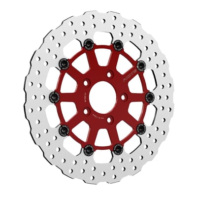 11.8" / 300mm diameter. Floating. Red powder coated carrier. 
56.3mm I.D., 8.7mm (5/16") counterbored mounting holes. 3.25" bolt circle mount holes. Mount style 'B'. 
Note: Can be used on pre-2000 models when a 56.3mm to 50mm I.D. reduction ring is used. 
Brake rotors are manufactured from a special stainless steel alloy and are heat treated. This offers an excellent braking capability with high wear resistance. The material is laser-cut for perfect precision and cross-grind for a perfectly flat surface. 
Optimized for OEM radial calipers. 
Note: With approval. Check your local MCS dealer or the MCS sales department for exact type of approval and validity on bike model and years on the test report.
OEM replacement reference  41808-08, 41808-08A, 41809-08A, 41809-08, 46717-10, 41500068, 41500022.

- Manufactured in OEM quality 
- Perforated braking surface for reduced noise and good responsiveness 
- Extremely heat resistant, offering stable braking performance under all conditions 
- High responsiveness due to increased brake grip 
- Optimized for OEM, accessory and radial calipers 
- High-strength stainless steel inner part for increased durability with minimized distortion and fading 
- Powder coated carrier 
- Suitable for all common brake pads 