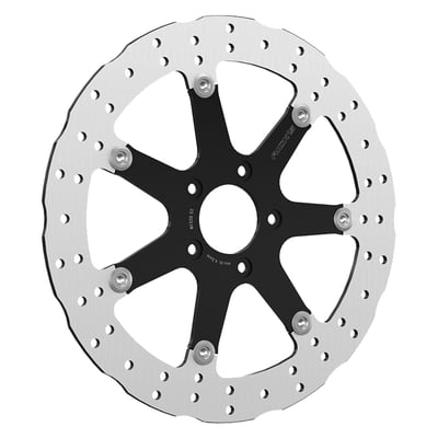 11.5" / 292mm diameter. Floating. 
56.3mm I.D., 8.7mm (5/16") counterbored mounting holes. 3.25" bolt circle mount holes. Mount style 'B'. 
Note: Mounting holes are fitted with 5/16" inner sleeves. With the reducer sleeves removed mounting hole diameter is 3/8", for rear use. 
Note: Can be used on pre-2000 models when a 56.3mm to 50mm I.D. reduction ring is used. 
Brake rotors are manufactured from a special stainless steel alloy and are heat treated. This offers an excellent braking capability with high wear resistance. The material is laser-cut for perfect precision and cross-grind for a perfectly flat surface. 
Optimized for OEM radial calipers. 
Note: With approval. Check your local MCS dealer or the MCS sales department for exact type of approval and validity on bike model and years on the test report. OEM replacement reference 44156-00, 44136-00.

- Manufactured in OEM quality 
- Perforated braking surface for reduced noise and good responsiveness 
- Extremely heat resistant, offering stable braking performance under all conditions 
- High responsiveness due to increased brake grip 
- Optimized for OEM, accessory and radial calipers 
- High-strength stainless steel inner part for increased durability with minimized distortion and fading 
- Suitable for all common brake pads 