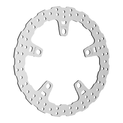 Extra large 14" / 355mm diameter front brake rotor. Floating. 
Stock is 320mm (12.6") OD, Open center. 5 x 15mm x 15.7mm elongated mounting holes. Mount hole to hole distance 119mm. Mount style: (L). 
OEM replacement reference 41500158A. 
OEM brake rotor bolts must be re-used. 
Brake rotor adapter is required to compensate for large rotor diameter. 
Brake rotors are manufactured from a special stainless steel alloy and are heat treated. This offers an excellent braking capability with high wear resistance. The material is laser-cut for perfect precision and cross-grind for a perfectly flat surface.  
Note: With approval. Check your local MCS dealer or the MCS sales department for exact type of approval and validity on bike model and years on the test report. 

- Manufactured in OEM quality 
- Perforated braking surface for reduced noise and good responsiveness 
- Extremely heat resistant, offering stable braking performance under all conditions 
- High responsiveness due to increased brake grip 
- High-strength stainless steel inner part for increased durability with minimized distortion and fading 
- Black powder coated inner carrier 
- Suitable for all common brake pads 
