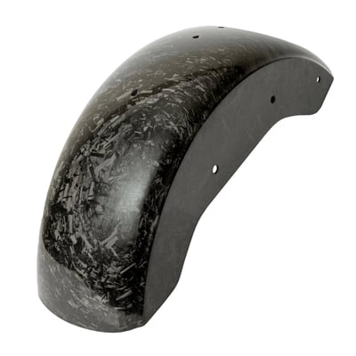 Forged carbon. 
Made from chopped carbon fiber strands mixed with resin and compressed in a mold. The result is a material that looks more like marble or camouflage, no two are alike, without a directional weave. 

A carbon fiber rear fender, lightweight but without strength issues so great for everyday riding. Bolt-on installation, simple and hassle-free. Eye candy and less weight has never hurt performance. A functional upgrade with just the right amount of attitude. EU made. 
Note: Fender comes without cut outs for the original lights. License plate and lights relocation is required. 
- Smooth wide shape, no cut for number plate 
- Ultra light weight 
- Manufactured from top quality carbon fiber 
- Gloss UV stable surface 
- Mount holes are pre-drilled 
- Bolt-on replacement for stock rear fender 