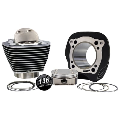 High compression.
Black cylinders with highlighted fins.
With 0cc piston dome.
Compression ratio 11.7:1 for 132" and 12.1:1 for 136" with stock 88cc heads.
Compression ratio 11.1:1 for 132" and 11.4:1 for 136" with SE Extreme Port 94cc heads.
Largest possible 4.320" bore bolt-in big bore kit.
132" (2162cc) is achieved when used with stock 114" flywheels.
136" (2222cc) is achieved when used with S&S 923270 4-5/8" stroker flywheels.
Works with stock crankcases, case boring is not required, stock heads and retains stock engine height. Kit includes a forged 4.320" big bore forged piston kit, 4.320" big bore cylinders, 2 MLS (Multi-Layer-Steel) .040" head gaskets, 2 cylinder base gaskets, 4 cylinder dowels, exhaust gaskets and an S&S cubic inch cam cover badge. Black powder coated finish to match the OEM finish.
Note: For the 132" kit S&S measured 135.51HP and 145.83 torque with stock heads, a 550 cam, stock throttle body and a high flow Stealth air cleaner kit.
Note: Tuning of fuel injection and ignition may be required.
Note: S&S advises 576972 S&S head bolt kit for all big bore applications.
Note: 136" is not compatible with OEM 4-5/8" stroke flywheels, must use S&S 923270 4-5/8" stroker flywheels.
Note: Not compatible with 107" (4.375" stroke) engines.