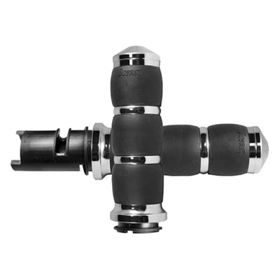 The Air Ride for you hands. USA made and functional with a great feel. Rubber of special core bars is used to create air pocket inside the grip body, improving the ride in general and helps eliminate the tingle sensation you may have after a long ride. Soft serrated texture for no hand-slip. Easy on the eyes are the 6061 billet aluminum end caps and collars. 
- For 1 inch handlebars 
- Fly-by-wire 
- Dimensions: Inside length = 4.600" OD = 1.625"