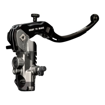 This Accossato radial brake master cylinder is an Evolution in todays braking systems. It guarantees prompt and controllable braking in all circumstances. The passive stroke of the braking process is massively reduced, in all distances without any adjustments, making this master cylinder the most "Ready to Brake" handlebar master cylinder ever. The reduced weight but offers excellent rigidity, strength and brake control. Made of CNC aluminum for precision with an aesthetic and durable black anodized finish, sure to enhance the bike's overall appearance.
- Piston diameter 16mm
- For single disc systems
- Adjustable 17, 18, 19mm
- M10x1 threaded for brake hose
- Zinc plated steel bleed valve
- Stainless steel hardware
- Integrated micro switch
- Formula 1 compound rubber seals
- OEM replacement reference 41700602.
Note: Fluid reservoir must be purchased separately. See Accossato's billet aluminum 717630 (horizontal fluid outlet) or 717679 (vertical fluid outlet) 25cc fluid reservoirs.