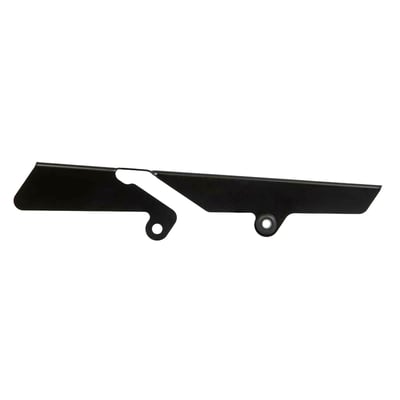 Stainless steel gloss black powder coated belt guard that can be mounted on the stock mounts. 
Mounting hardware is included. 
OEM replacement reference 60300137 (chrome) 60300138 (black)