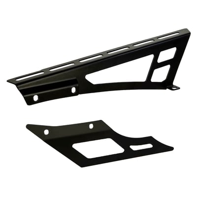 Stainless steel matte black powder coated. 2-piece belt cover which offers upper and lower belt protection. Installs to the OEM mounts and mounting kit is included. 