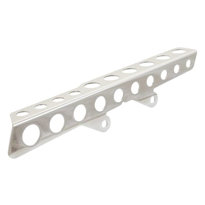 Stainless steel polished belt guard with round cut outs that can be mounted on the stock mounts. 
Includes upper belt guard and mounting hardware. 