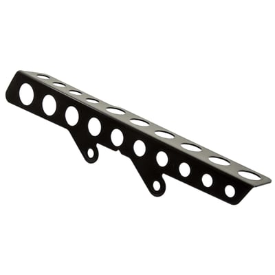 Stainless steel gloss black powder coated upper belt guard with round cut outs that can be mounted to the stock mounts. 
Mounting hardware is included. 
OEM replacement reference 60300137 (chrome) 60300138 (black)