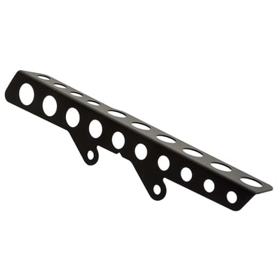 Stainless steel matte black powder coated belt guard with round cut outs that can be mounted on the stock mounts. 
Includes upper belt guard and mounting hardware. 