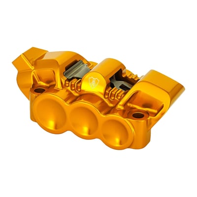 Gold anodized finish. 
With 100mm radial caliper bolt mount spacing. Perfect addition to 599497 Arlen Ness Method fork legs and other forks with 100mm spaced mount bolts. Compatible with 11.8" (300mm) diameter brake rotors. This mono-black caliper is CNC machined from one-piece of billet aluminum for the strongest and most stable construction in extreme conditions. 
- 6-piston radial brake calipers CNC machined from billet aluminum 
- Differential bore brake pistons for consistent wear
- Engineered for form and function 
- 3D sculptured design helps facilitate cooling incurred while braking 
- Extremely stiff under stress ensuring precise and consistent braking performance 
- Machined to help disperse heat 
- Compatible with ABS & non-ABS applications 
- Designed for 11.8" (300mm) diameter brake rotors 
- 100mm bolt spacing 
- Anodized finish for lasting beauty 
- Each Caliper includes brake pads, bleeder screw, and banjo bolt 
- Designed to fit 599497 Arlen Ness Method fork legs with 100mm radial caliper brackets or other fork legs with radial brake caliper brackets measuring 100mm. 