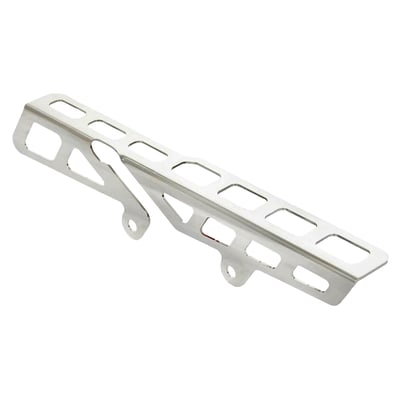 Stainless steel polished belt guard with angular cut outs that can be mounted on the stock mounts. 
Mounting hardware is included. 
OEM replacement reference 60300137 (chrome) 60300138 (black)