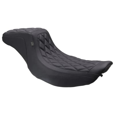 Black. Front width 13.5" & rear width 8". Double Diamond stitch pattern. 
The Squareback is a seat with classic contours, with a sports flair. This one will not just bring you back in time, it will give the classic touch to even the latest Big Twin models. An overall functional design for 2-up riding or solo with plenty of luggage space on the back. The high arching back offers excellent rider lower back support for much easier long distance hauls. 
Note: Sizes given in inches are rider & passenger seat area widths.