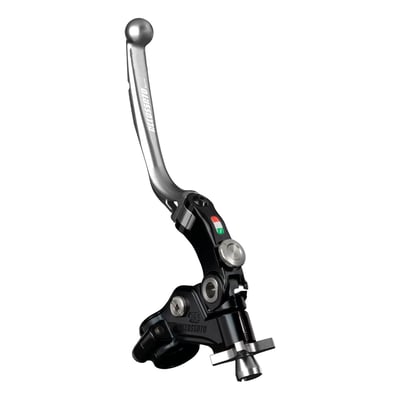 Black anodized lever assembly with a silver anodized clutch lever and cable adjuster. 
Folding lever without RST (Racing Short), so not slotted for weight reduction. 
For 1" (25.4mm) diameter handlebars. 
The Accossato Racing cable clutch 'Racing' is a patented, one-of-a-kind component designed for high-performance riders. Featuring a unique "click" cable adjustment system and the exclusive ability to adjust the distance between the lever and the grip, this clutch offers unmatched customization. The folding lever is CNC-machined from anodized aluminum and available in multiple colors, with the cable adjuster matching the lever color. 
- Non adjustable 19mm distance for track/street use 
- Stainless steel hardware 
- Integrated micro switch 
- A mirror holder is separately available as 721082 for M8 or 721083 for M10 threaded mirrors 
- Does not include required clutch cable 