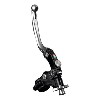 Black anodized lever assembly with a silver anodized clutch lever and cable adjuster. 
Folding lever comes with RST (Racing Short), so not slotted for weight reduction. 
For 1" (25.4mm) diameter handlebars. 
The Accossato Racing cable clutch 'Racing' is a patented, one-of-a-kind component designed for high-performance riders. Featuring a unique "click" cable adjustment system and the exclusive ability to adjust the distance between the lever and the grip, this clutch offers unmatched customization. The folding lever is CNC-machined from anodized aluminum and available in multiple colors, with the cable adjuster matching the lever color. 
- Non adjustable 19mm distance for track/street use 
- Stainless steel hardware 
- Integrated micro switch 
- A mirror holder is separately available as 721082 for M8 or 721083 for M10 threaded mirrors 
- Does not include required clutch cable 
