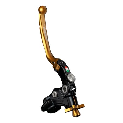 Black anodized lever assembly with a gold anodized clutch lever and cable adjuster. 
Folding lever without RST (Racing Short), so not slotted for weight reduction. 
For 1" (25.4mm) diameter handlebars. 
The Accossato Racing cable clutch 'Racing' is a patented, one-of-a-kind component designed for high-performance riders. Featuring a unique "click" cable adjustment system and the exclusive ability to adjust the distance between the lever and the grip, this clutch offers unmatched customization. The folding lever is CNC-machined from anodized aluminum and available in multiple colors, with the cable adjuster matching the lever color. 
- Non adjustable 19mm distance for track/street use 
- Stainless steel hardware 
- Integrated micro switch 
- A mirror holder is separately available as 721082 for M8 or 721083 for M10 threaded mirrors 
- Does not include required clutch cable 