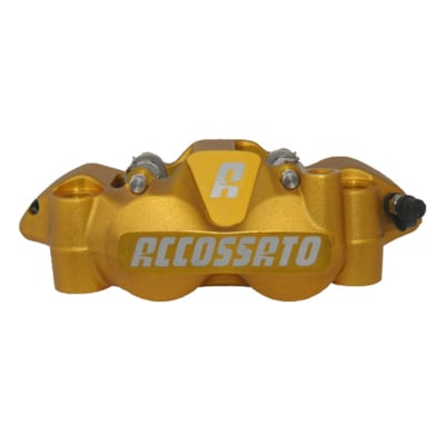 Gold anodized finish.
108mm mounting distance.
Aluminum pistons.
4x ST (Standard sintered) brake pads per caliper.
Complete with Standard brake pads.
Accossato Monobloc Forged Radial Brake Calipers are engineered for riders that demand maximum performance and precision. Comes complete with 4x ST (Standard sintered) brake pad set. Manufactured from high-quality CNC machined forged aluminum, this caliper combines strength with a rigid lightweight construction to deliver exceptional braking control and reliability. Each caliper is designed to maximize braking efficiency and handling. Each caliper is also checked and tested before it it leaves the factory. This makes an Accossato caliper an excellent choice for riders that demand top-level technology paired with uncompromised quality.